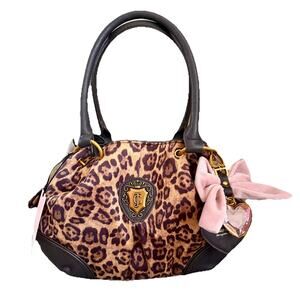 JUICY COUTURE Velvet Leopard Romance Satchel Bag Charm Crest Crown Heart Bow Y2K